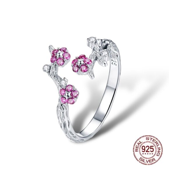 NWT Flower Ring S925 Sterling Silver Pink CZ Cherry Blossom Open Adjustable - Picture 5 of 7